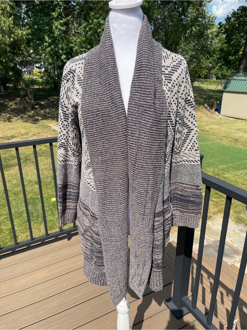 Style & Co Navy Beige Open Front Collared Southwestern Medium Knit Cardigan